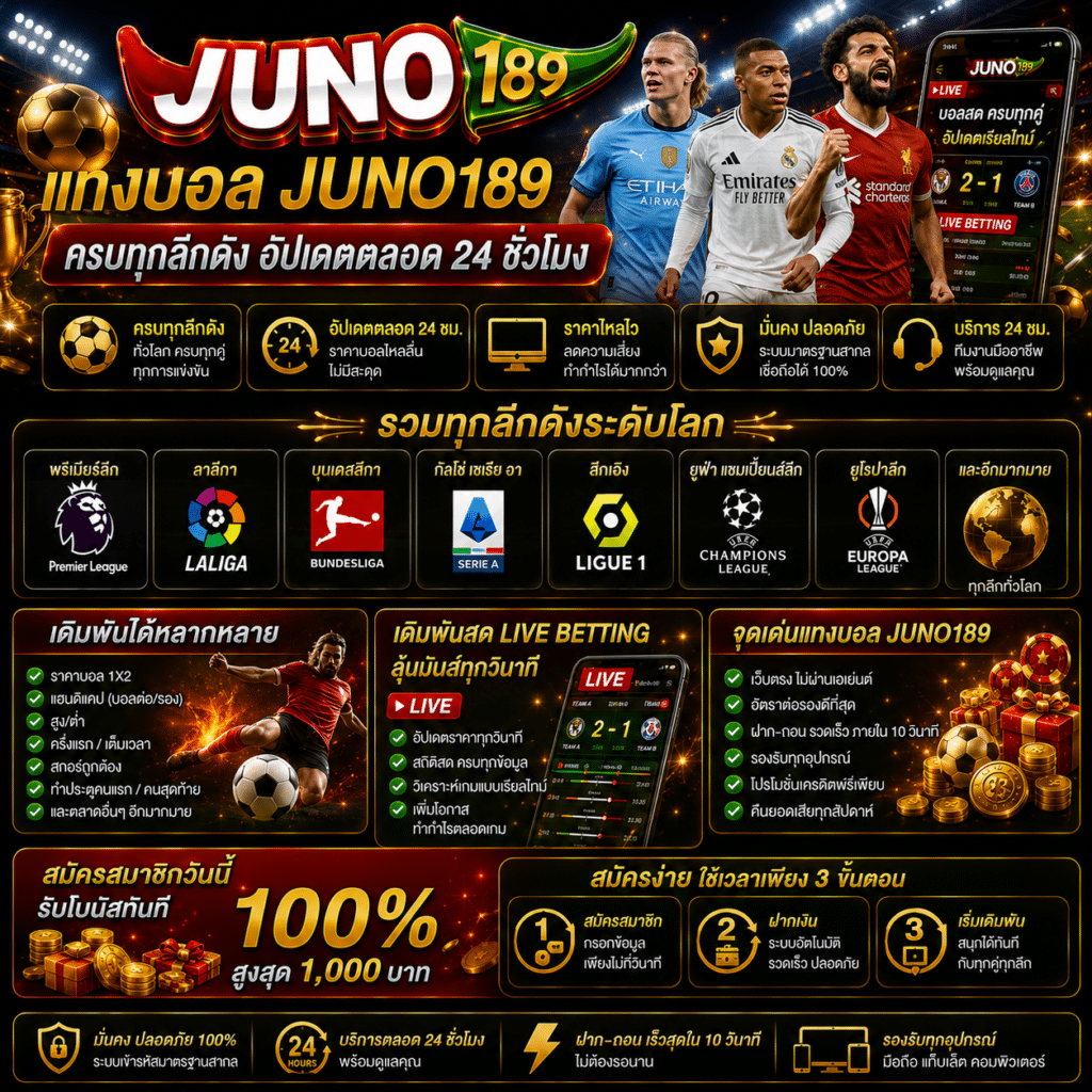 แทงบอล Juno189 ครบทุกลีกดัง อัปเดตตลอด 24 ชั่วโมง